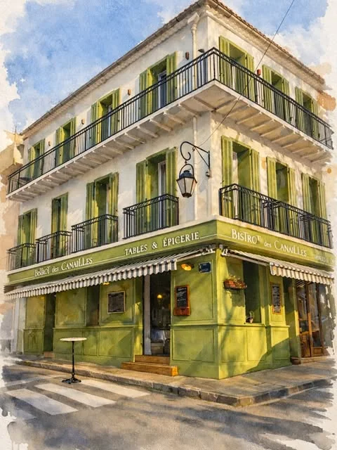 Aquarelle du Bistrot des Canailles : la maison d'angle aux volets verts, son enseigne Tables & épicerie et son store rayé